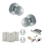 Old English Ripon Door Knob Pack (Lock Set - 3" Latch & Deadlock, 4" Fire Rated Hinges x3) - Satin Chrome