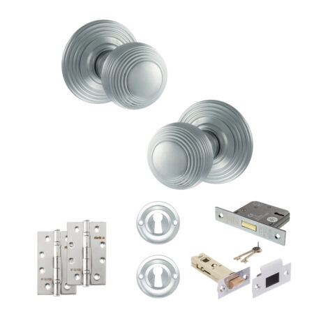 Old English Ripon Door Knob Pack (Lock Set - 3" Latch & Deadlock, 4" Slim Knuckle Hinges x2) - Satin Chrome
