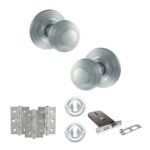 Old English Ripon Door Knob Pack (Lock Set - Horizontal Sashlock, 3" Fire Rated Hinges x3) - Satin Chrome