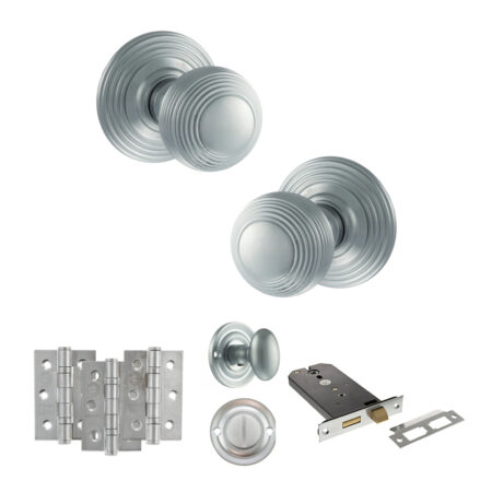 Old English Ripon Door Knob Pack (Lock Set - Horizontal Bathlock, 3" Fire Rated Hinges x3) - Satin Chrome
