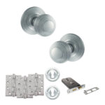 Old English Ripon Door Knob Pack (Lock Set - Horizontal Sashlock, 4" Fire Rated Hinges x3) - Satin Chrome