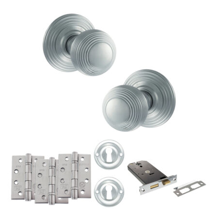 Old English Ripon Door Knob Pack (Lock Set - Horizontal Sashlock, 4" Fire Rated Hinges x3) - Satin Chrome