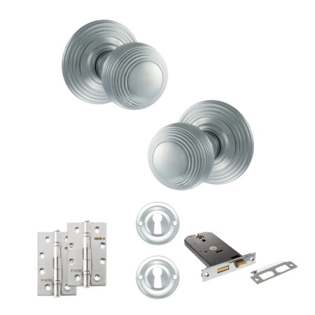 Old English Ripon Door Knob Pack (Lock Set - Horizontal Sashlock, 4" Slim Knuckle Hinges x2) - Satin Chrome