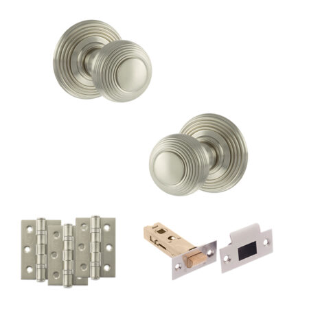 Old English Ripon Door Knob Pack (Latch Set - 4" HD Latch, 3" Fire Rated Hinges x3) - Satin Nickel