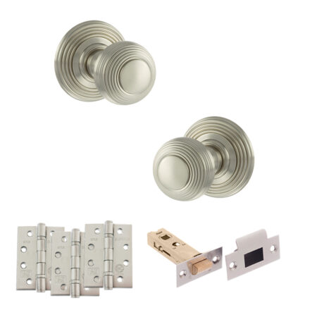 Old English Ripon Door Knob Pack (Latch Set - 3" HD Latch, 4" Fire Rated Hinges x3) - Satin Nickel