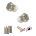 Old English Ripon Door Knob Pack (Latch Set - 3" HD Latch, 4" Slim Knuckle Hinges x2) - Satin Nickel