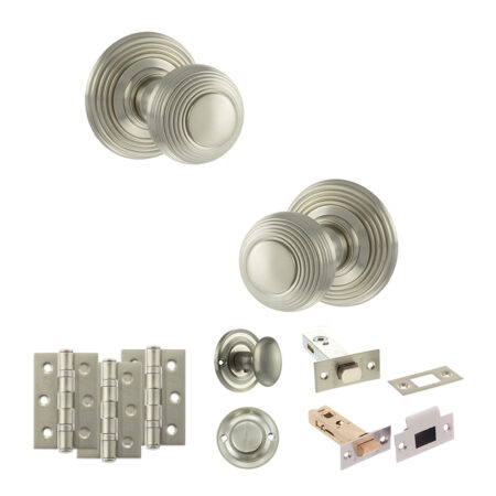 Old English Ripon Door Knob Pack (Bathroom Set - 4" Deadbolt, 3" Fire Rated Hinges x3) - Satin Nickel