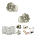 Old English Ripon Door Knob Pack (Bathroom Set - 3" Deadbolt, 4" Fire Rated Hinges x3) - Satin Nickel