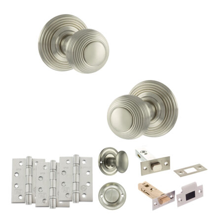 Old English Ripon Door Knob Pack (Bathroom Set - 4" Deadbolt, 4" Fire Rated Hinges x3) - Satin Nickel