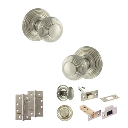 Old English Ripon Door Knob Pack (Bathroom Set - 3" Deadbolt, 4" Slim Knuckle Hinges x2) - Satin Nickel