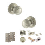 Old English Ripon Door Knob Pack (Bathroom Set - 4" Deadbolt, 4" Slim Knuckle Hinges x2) - Satin Nickel