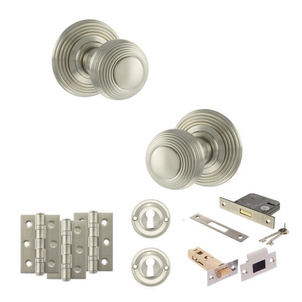 Old English Ripon Door Knob Pack (Lock Set - 3" Latch & Deadlock, 3" Fire Rated Hinges x3) - Satin Nickel
