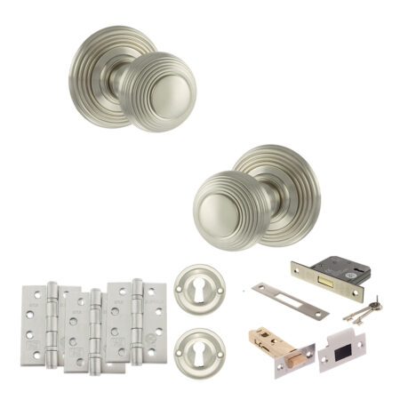 Old English Ripon Door Knob Pack (Lock Set - 3" Latch & Deadlock, 4" Fire Rated Hinges x3) - Satin Nickel
