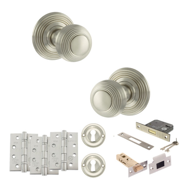 Old English Ripon Door Knob Pack (Lock Set - 3" Latch & Deadlock, 4" Fire Rated Hinges x3) - Satin Nickel