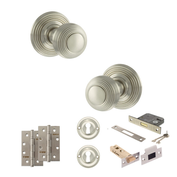 Old English Ripon Door Knob Pack (Lock Set - 3" Latch & Deadlock, 4" Slim Knuckle Hinges x2) - Satin Nickel