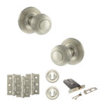 Old English Ripon Door Knob Pack (Lock Set - Horizontal Sashlock, 3" Fire Rated Hinges x3) - Satin Nickel