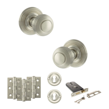 Old English Ripon Door Knob Pack (Lock Set - Horizontal Sashlock, 3" Fire Rated Hinges x3) - Satin Nickel