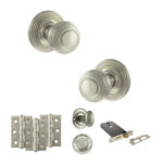 Old English Ripon Door Knob Pack (Lock Set - Horizontal Bathlock, 3" Fire Rated Hinges x3) - Satin Nickel