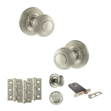 Old English Ripon Door Knob Pack (Lock Set - Horizontal Bathlock, 3" Fire Rated Hinges x3) - Satin Nickel