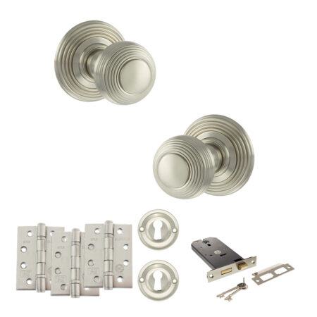 Old English Ripon Door Knob Pack (Lock Set - Horizontal Sashlock, 4" Fire Rated Hinges x3) - Satin Nickel
