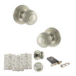 Old English Ripon Door Knob Pack (Lock Set - Horizontal Bathlock, 4" Fire Rated Hinges x3) - Satin Nickel