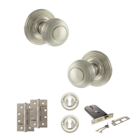 Old English Ripon Door Knob Pack (Lock Set - Horizontal Sashlock, 4" Slim Knuckle Hinges x2) - Satin Nickel