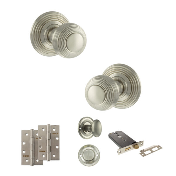 Old English Ripon Door Knob Pack (Lock Set - Horizontal Bathlock, 4" Slim Knuckle Hinges x2) - Satin Nickel