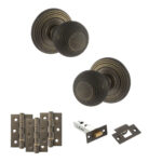 Old English Ripon Door Knob Pack (Latch Set - 3" HD Latch, 3" Fire Rated Hinges x3) - Urban Bronze
