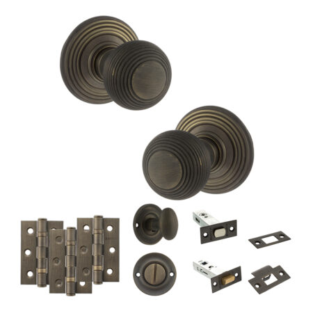Old English Ripon Door Knob Pack (Bathroom Set - 3" Deadbolt, 3" Fire Rated Hinges x3) - Urban Bronze