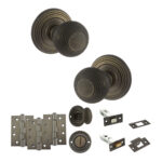 Old English Ripon Door Knob Pack (Bathroom Set - 4" Deadbolt, 4" Fire Rated Hinges x3) - Urban Bronze