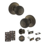 Old English Ripon Door Knob Pack (Bathroom Set - 4" Deadbolt, 4" Slim Knuckle Hinges x2) - Urban Bronze