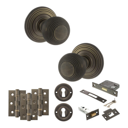 Atlantic Old English Ripon Door Knob Pack (Lock Set - 3" Latch & Deadlock, 3" Fire Rated Hinges x3) - Urban Bronze
