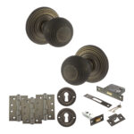 Atlantic Old English Ripon Door Knob Pack (Lock Set - 3" Latch & Deadlock, 4" Fire Rated Hinges x3) - Urban Bronze