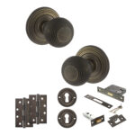 Atlantic Old English Ripon Door Knob Pack (Lock Set - 3" Latch & Deadlock, 4" Slim Knuckle Hinges x2) - Urban Bronze