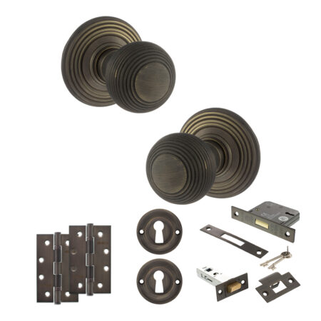 Atlantic Old English Ripon Door Knob Pack (Lock Set - 3" Latch & Deadlock, 4" Slim Knuckle Hinges x2) - Urban Bronze