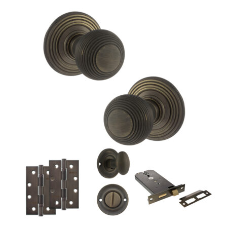Atlantic Old English Ripon Door Knob Pack (Lock Set - Horizontal Bathlock, 4" Slim Knuckle Hinges x2) - Urban Bronze