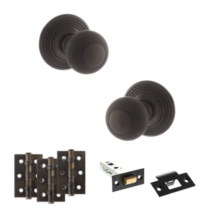 Atlantic Old English Ripon Door Knob Pack (Latch Set - 4" HD Latch, 3" Fire Rated Hinges x3) - Urban Dark Bronze