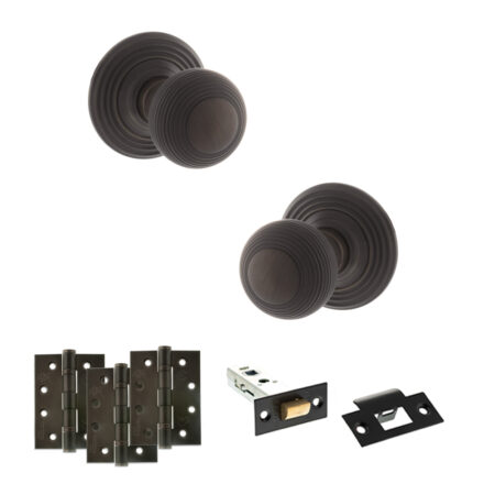 Atlantic Old English Ripon Door Knob Pack (Latch Set - 3" HD Latch, 4" Fire Rated Hinges x3) - Urban Dark Bronze