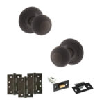Atlantic Old English Ripon Door Knob Pack (Latch Set - 4" HD Latch, 4" Fire Rated Hinges x3) - Urban Dark Bronze