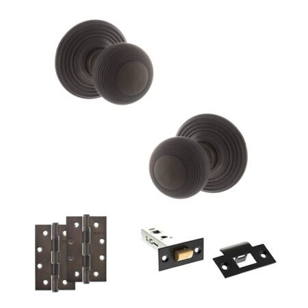 Atlantic Old English Ripon Door Knob Pack (Latch Set - 4" HD Latch, 4" Slim Knuckle Hinges x2) - Urban Dark Bronze