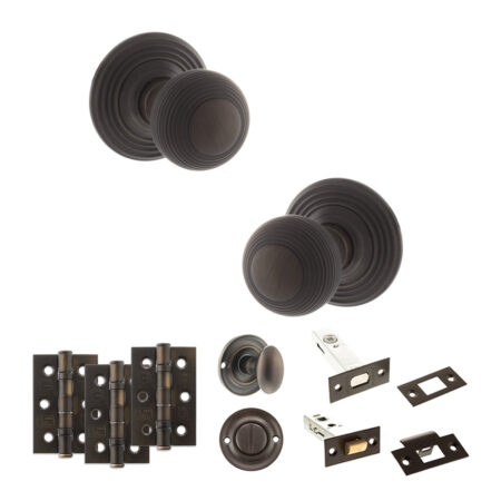 Atlantic Old English Ripon Door Knob Pack (Bathroom Set - 4" Deadbolt, 3" Fire Rated Hinges x3) - Urban Dark Bronze
