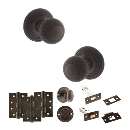 Atlantic Old English Ripon Door Knob Pack (Bathroom Set - 3" Deadbolt, 4" Fire Rated Hinges x3) - Urban Dark Bronze