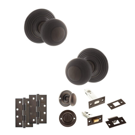 Atlantic Old English Ripon Door Knob Pack (Bathroom Set - 3" Deadbolt, 4" Slim Knuckle Hinges x2) - Urban Dark Bronze