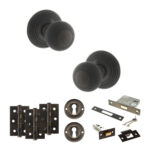Atlantic Old English Ripon Door Knob Pack (Lock Set - 3" Latch & Deadlock, 3" Fire Rated Hinges x3) - Urban Dark Bronze