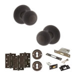 Atlantic Old English Ripon Door Knob Pack (Lock Set - 3" Latch & Deadlock, 4" Fire Rated Hinges x3) - Urban Dark Bronze