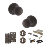 Atlantic Old English Ripon Door Knob Pack (Lock Set - 3" Latch & Deadlock, 4" Slim Knuckle Hinges x2) - Urban Dark Bronze