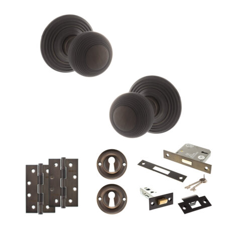 Atlantic Old English Ripon Door Knob Pack (Lock Set - 3" Latch & Deadlock, 4" Slim Knuckle Hinges x2) - Urban Dark Bronze