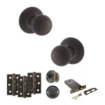 Atlantic Old English Ripon Door Knob Pack (Lock Set - Horizontal Bathlock, 3" Fire Rated Hinges x3) - Urban Dark Bronze