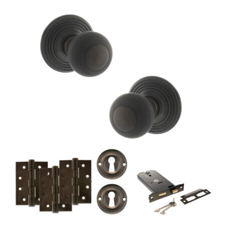 Atlantic Old English Ripon Door Knob Pack (Lock Set - Horizontal Sashlock, 4" Fire Rated Hinges x3) - Urban Dark Bronze
