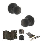 Atlantic Old English Ripon Door Knob Pack (Lock Set - Horizontal Bathlock, 4" Fire Rated Hinges x3) - Urban Dark Bronze